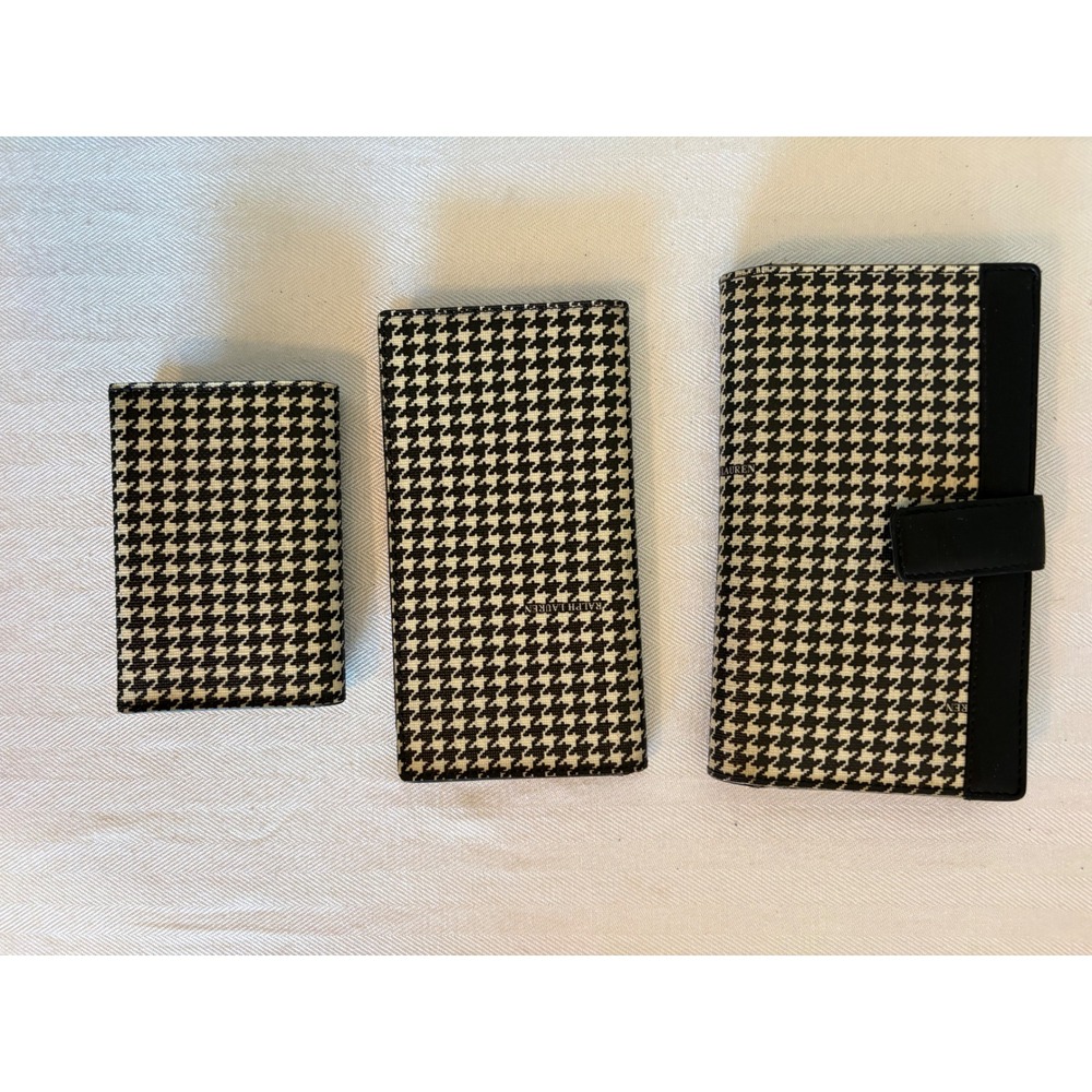 Ralph Lauren Houndstooth 3‎ Piece Wallet Set Black Cream Canvas Leather Vintage